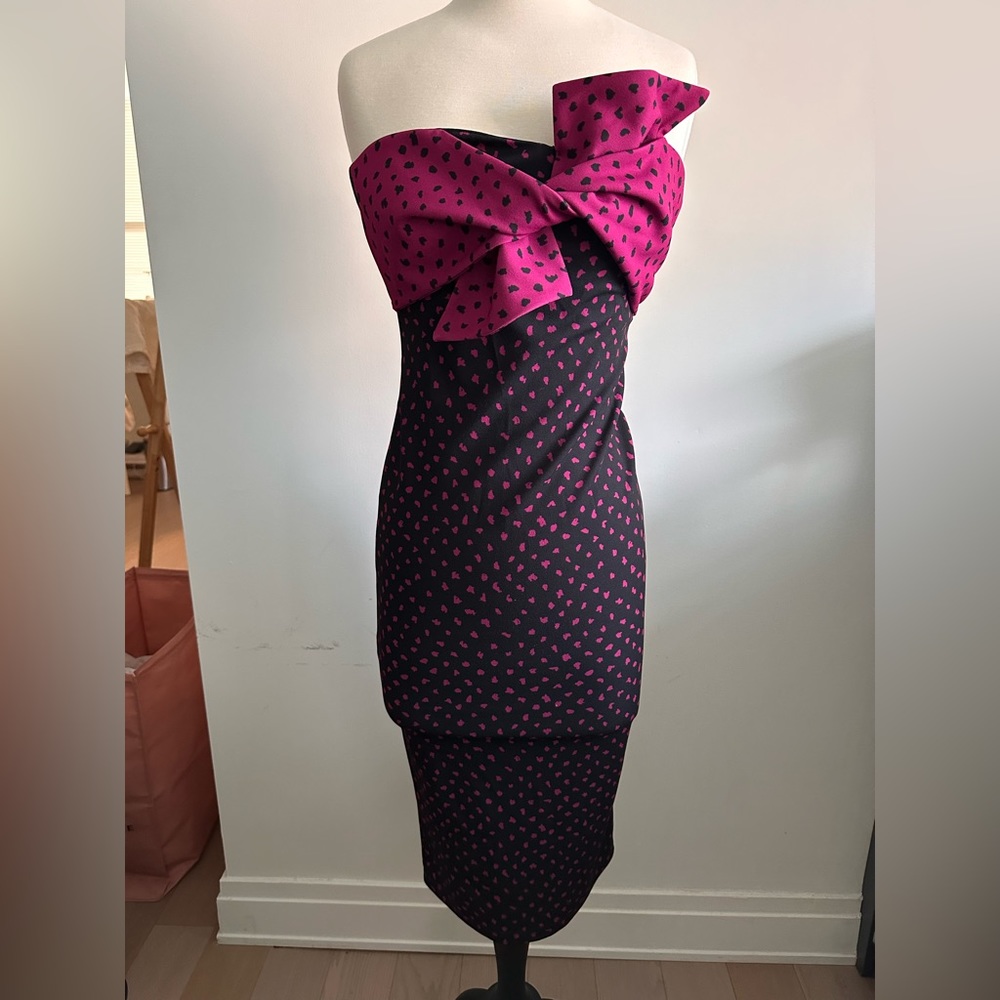 Topshop strapless polka dot bow dress in black and fuchsia